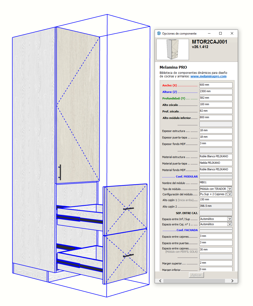 Diseño de módulo dinámico en SketchUp con panel Opciones de componente de MelaminaPRO
